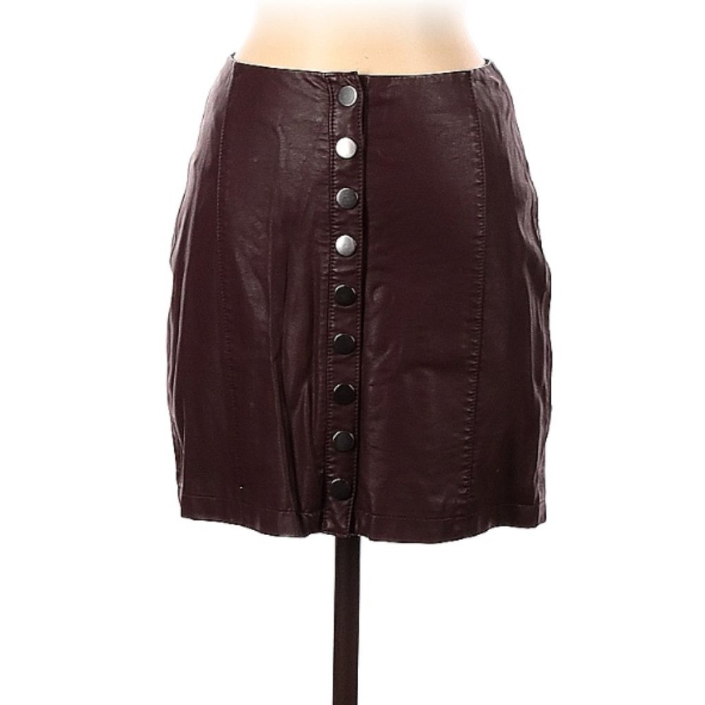 Burgundy Free People Faux Leather Snap Front Mini Skirt (S)